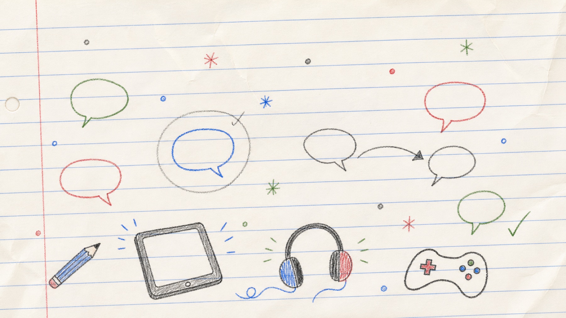 Childlike drawings of repeated speech bubbles, headphones, a tablet and classroom objects on lined exercise-book paper, with gentle adult annotation marks.