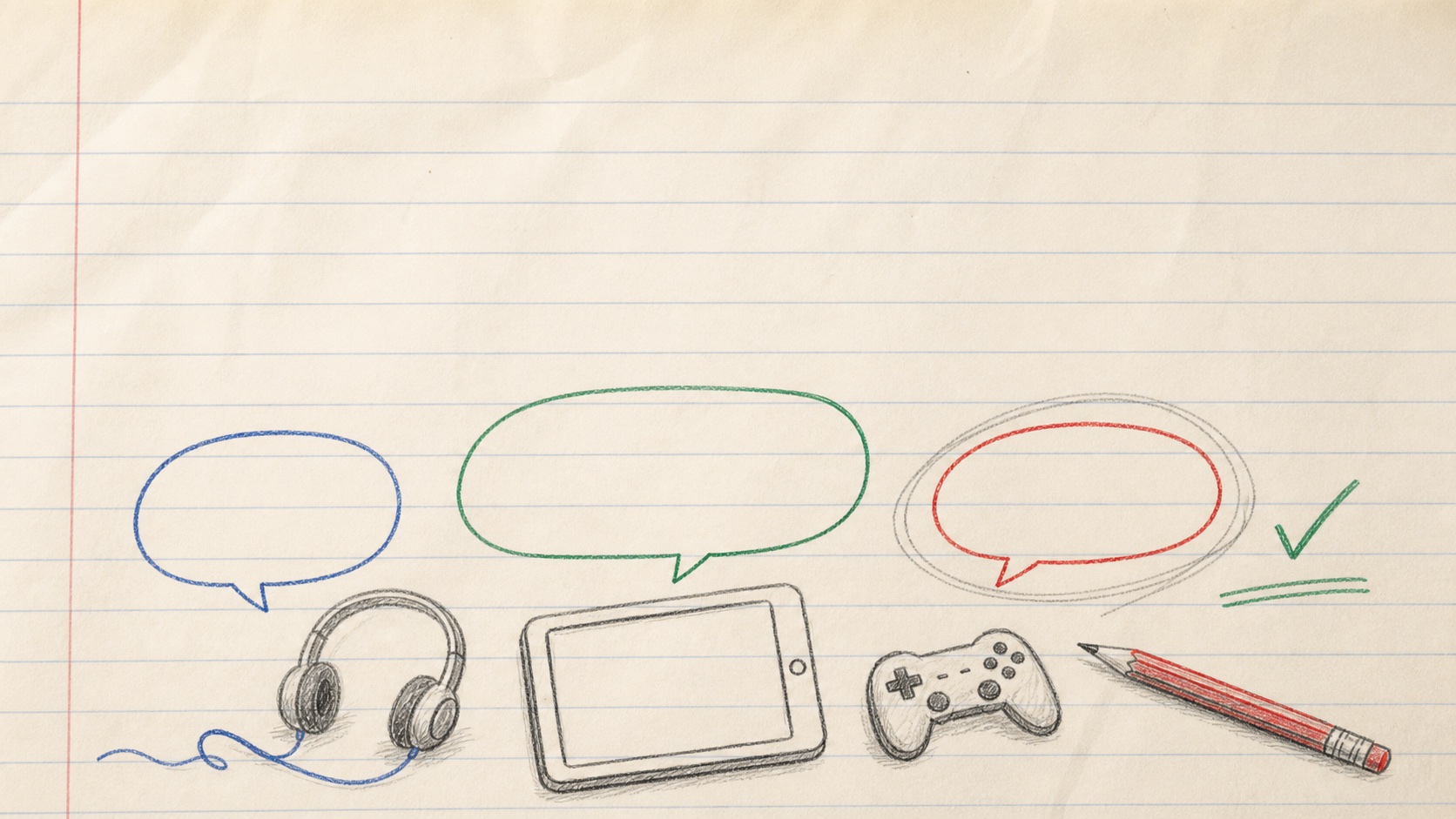 Blank speech bubbles, headphones, a tablet, game controller and pencil drawn on lined exercise-book paper, with one speech bubble gently circled.